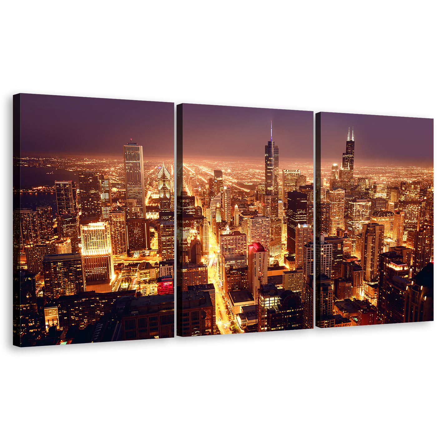 City Skyline Canvas Wall Art, Purple Chicago Downtown Canvas Set, Aerial View 3 Piece Canvas Print, Yellow Bright Night Triptych Multiple Canvas