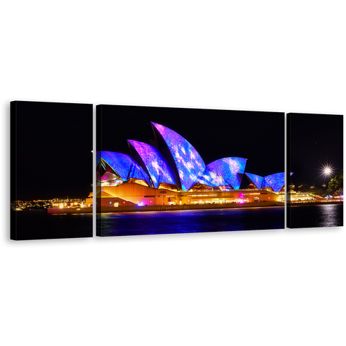 City Skyline Wall Art, Australia Black Illuminated Sky 3 Piece Multi Canvas, Blue Sydney Opera House Canvas Print