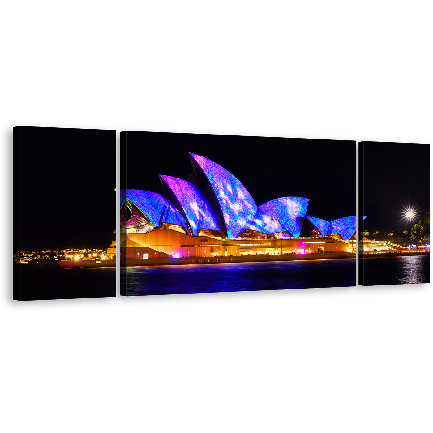 City Skyline Wall Art, Australia Black Illuminated Sky 3 Piece Multi Canvas, Blue Sydney Opera House Canvas Print