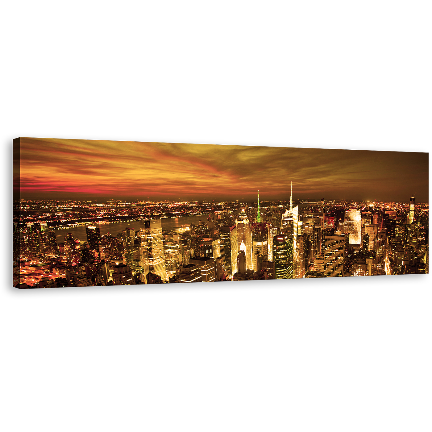 City Skyline Wall Art, Beautiful Brown New York City 1 Piece Canvas Print, Dramatic Yellow Cloudy Sky Canvas Art