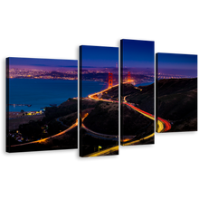 Load image into Gallery viewer, City Skyline Wall Art, California Blue Sky Golden Gate Vista Canvas Print, San Francisco Bridge Light Trail 4 Piece Canvas Set
