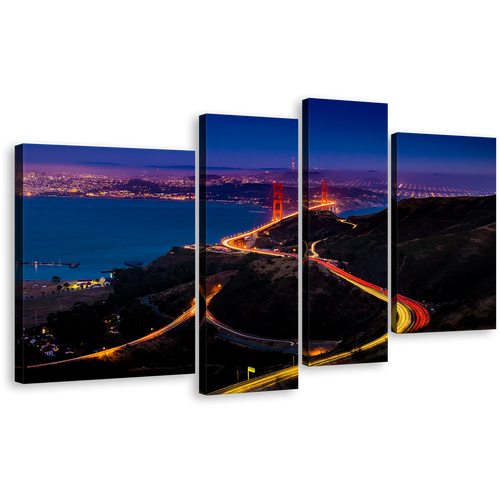 City Skyline Wall Art, California Blue Sky Golden Gate Vista Canvas Print, San Francisco Bridge Light Trail 4 Piece Canvas Set