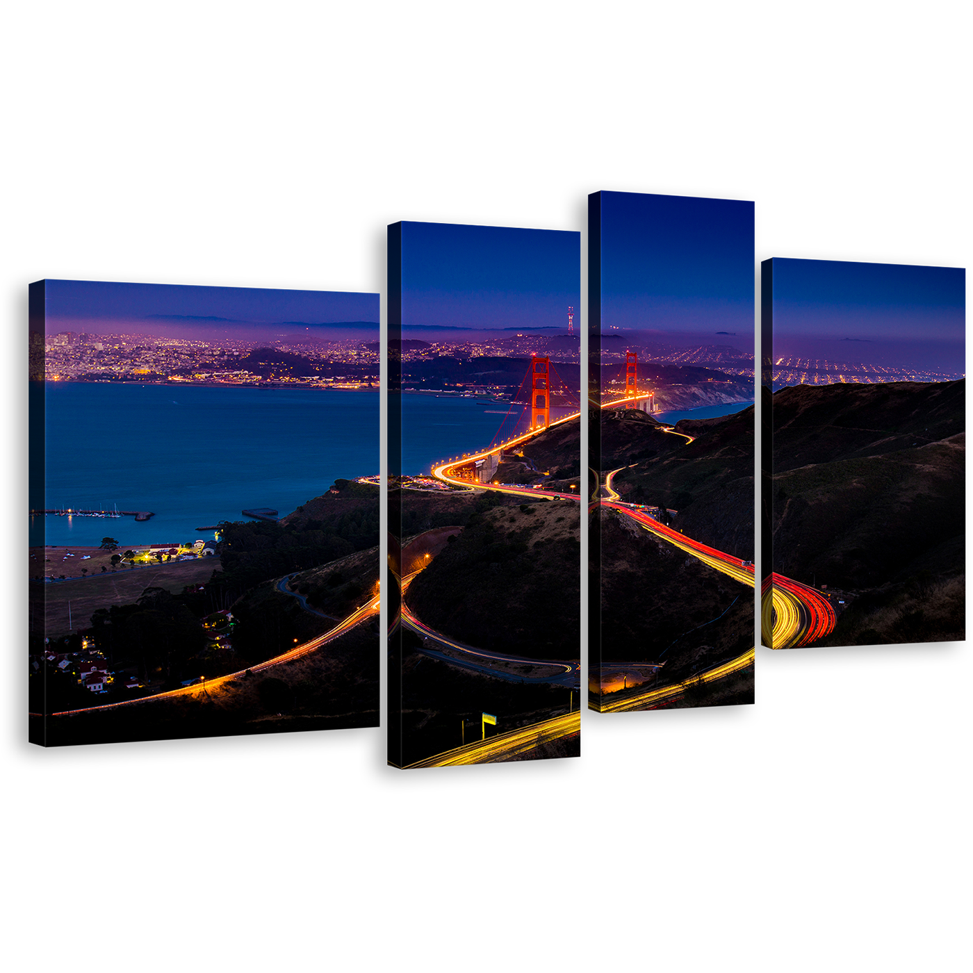 City Skyline Wall Art, California Blue Sky Golden Gate Vista Canvas Print, San Francisco Bridge Light Trail 4 Piece Canvas Set