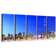 Load image into Gallery viewer, City Skyline Wall Art, Canada Yellow Lights Reflection 5 Piece Canvas Set, Toronto Blue Lake Ontario Canvas Print
