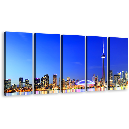 City Skyline Wall Art, Canada Yellow Lights Reflection 5 Piece Canvas Set, Toronto Blue Lake Ontario Canvas Print