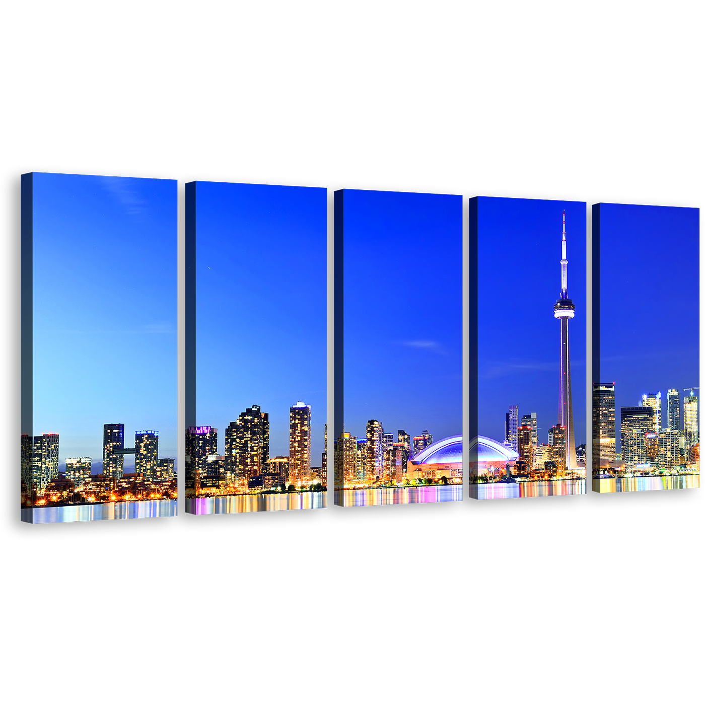 City Skyline Wall Art, Canada Yellow Lights Reflection 5 Piece Canvas Set, Toronto Blue Lake Ontario Canvas Print