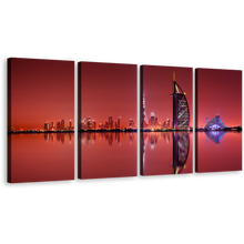 Load image into Gallery viewer, City Skyline Wall Art, United Arab Emirates Red Sky City Reflection Canvas Print, Dubai Black Burj Al Arab 4 Piece Canvas Set
