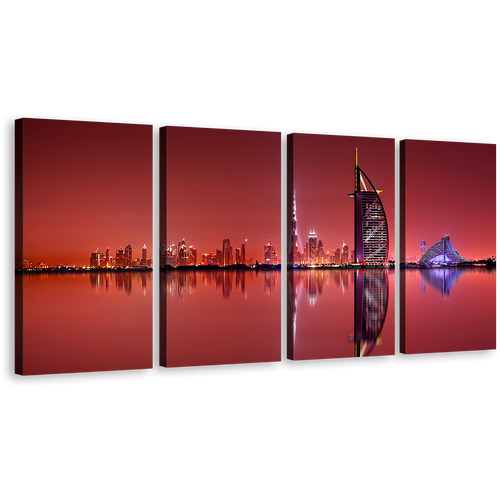 City Skyline Wall Art, United Arab Emirates Red Sky City Reflection Canvas Print, Dubai Black Burj Al Arab 4 Piece Canvas Set