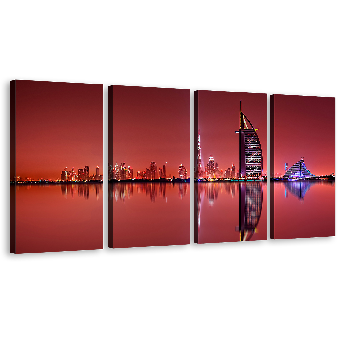 City Skyline Wall Art, United Arab Emirates Red Sky City Reflection Canvas Print, Dubai Black Burj Al Arab 4 Piece Canvas Set