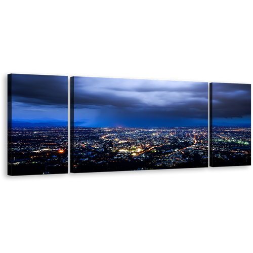 City Skyline Wall Art, Yellow City Lights Multi Canvas, Dramatic Blue Cloudy Sky Cityscape 3 Piece Canvas Print