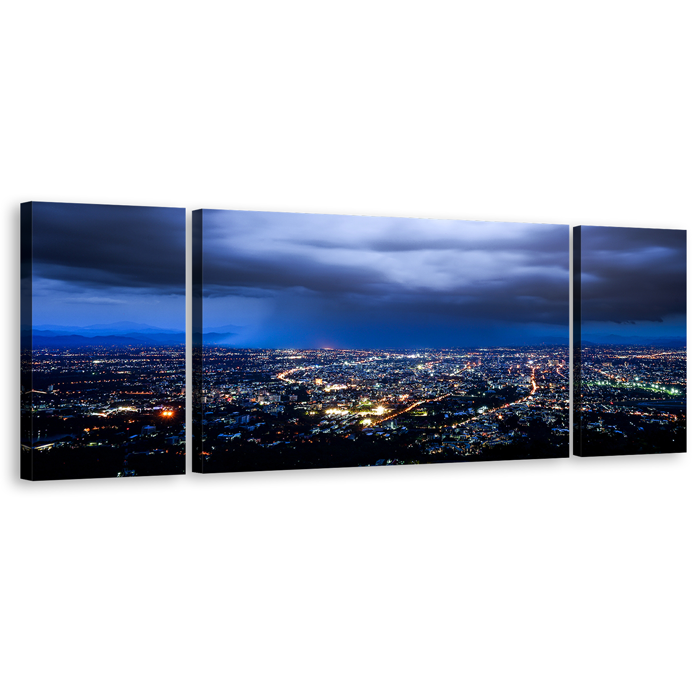 City Skyline Wall Art, Yellow City Lights Multi Canvas, Dramatic Blue Cloudy Sky Cityscape 3 Piece Canvas Print