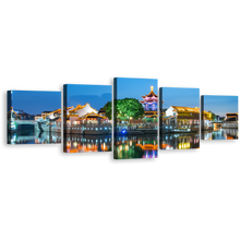 Load image into Gallery viewer, City View Canvas Wall Art, City Landscape Multi Canvas Artwork, Colorful City Lights Water Reflection 5 Piece Canvas Print
