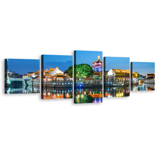 City View Canvas Wall Art, City Landscape Multi Canvas Artwork, Colorful City Lights Water Reflection 5 Piece Canvas Print