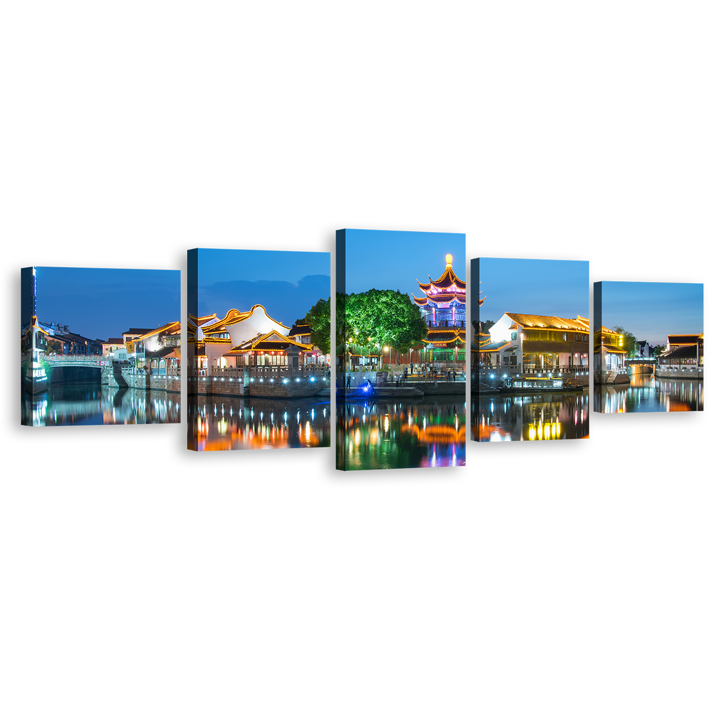 City View Canvas Wall Art, City Landscape Multi Canvas Artwork, Colorful City Lights Water Reflection 5 Piece Canvas Print