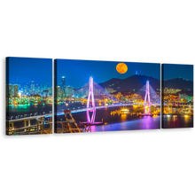 Load image into Gallery viewer, Cityscape Bridge Canvas Wall Art, Bridge in Busan Port 3 Piece Canvas Set, Colorful City Mountains Moon Canvas Print
