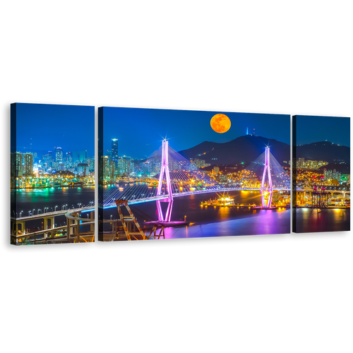 Cityscape Bridge Canvas Wall Art, Bridge in Busan Port 3 Piece Canvas Set, Colorful City Mountains Moon Canvas Print