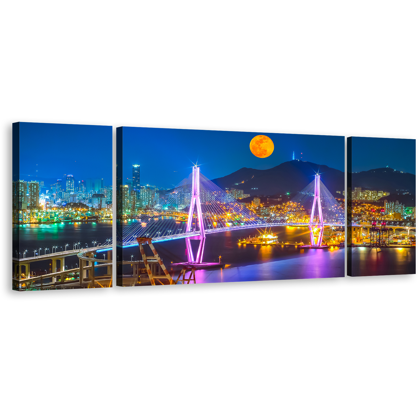 Cityscape Bridge Canvas Wall Art, Bridge in Busan Port 3 Piece Canvas Set, Colorful City Mountains Moon Canvas Print