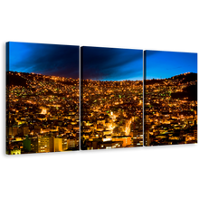 Load image into Gallery viewer, Cityscape Majesty Wall Art, Beautiful Blue Sky La Paz Cityscape Skyline Canvas Set, Gold City Lights Bolivia 3 Piece Canvas Print
