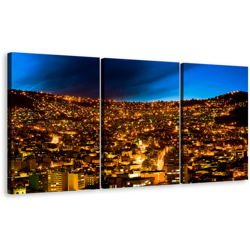 Cityscape Majesty Wall Art, Beautiful Blue Sky La Paz Cityscape Skyline Canvas Set, Gold City Lights Bolivia 3 Piece Canvas Print