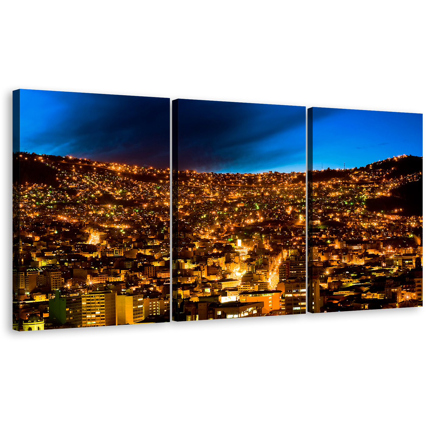 Cityscape Majesty Wall Art, Beautiful Blue Sky La Paz Cityscape Skyline Canvas Set, Gold City Lights Bolivia 3 Piece Canvas Print