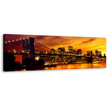 Load image into Gallery viewer, Cityscape Sunset Wall Art, Brooklyn Bridge at Yellow Sunset Canvas Print, Orange Manhattan Sunset Sky Wide Canvas, New York Skyline 1 Piece Canvas Art
