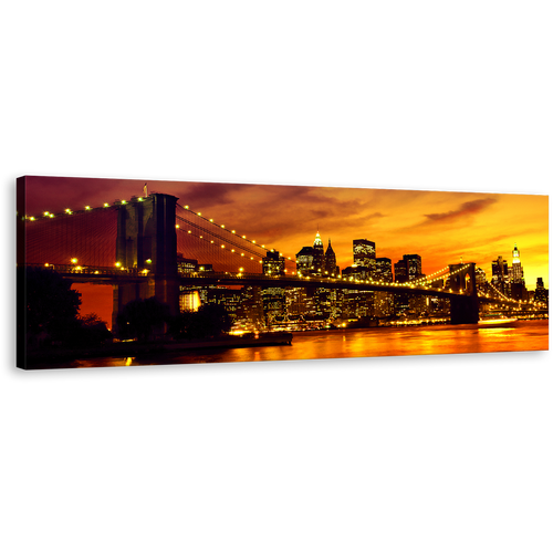 Cityscape Sunset Wall Art, Brooklyn Bridge at Yellow Sunset Canvas Print, Orange Manhattan Sunset Sky Wide Canvas, New York Skyline 1 Piece Canvas Art