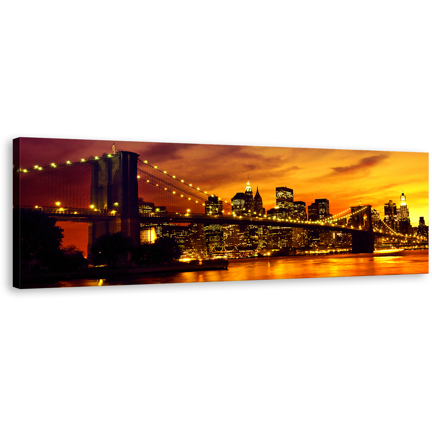 Cityscape Sunset Wall Art, Brooklyn Bridge at Yellow Sunset Canvas Print, Orange Manhattan Sunset Sky Wide Canvas, New York Skyline 1 Piece Canvas Art