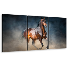 Load image into Gallery viewer, Classic Horse Canvas Wall Art, Chestnut Horse 3 Piece Canvas Print, Black Brown Horse Running Forward Triptych Canvas Set
