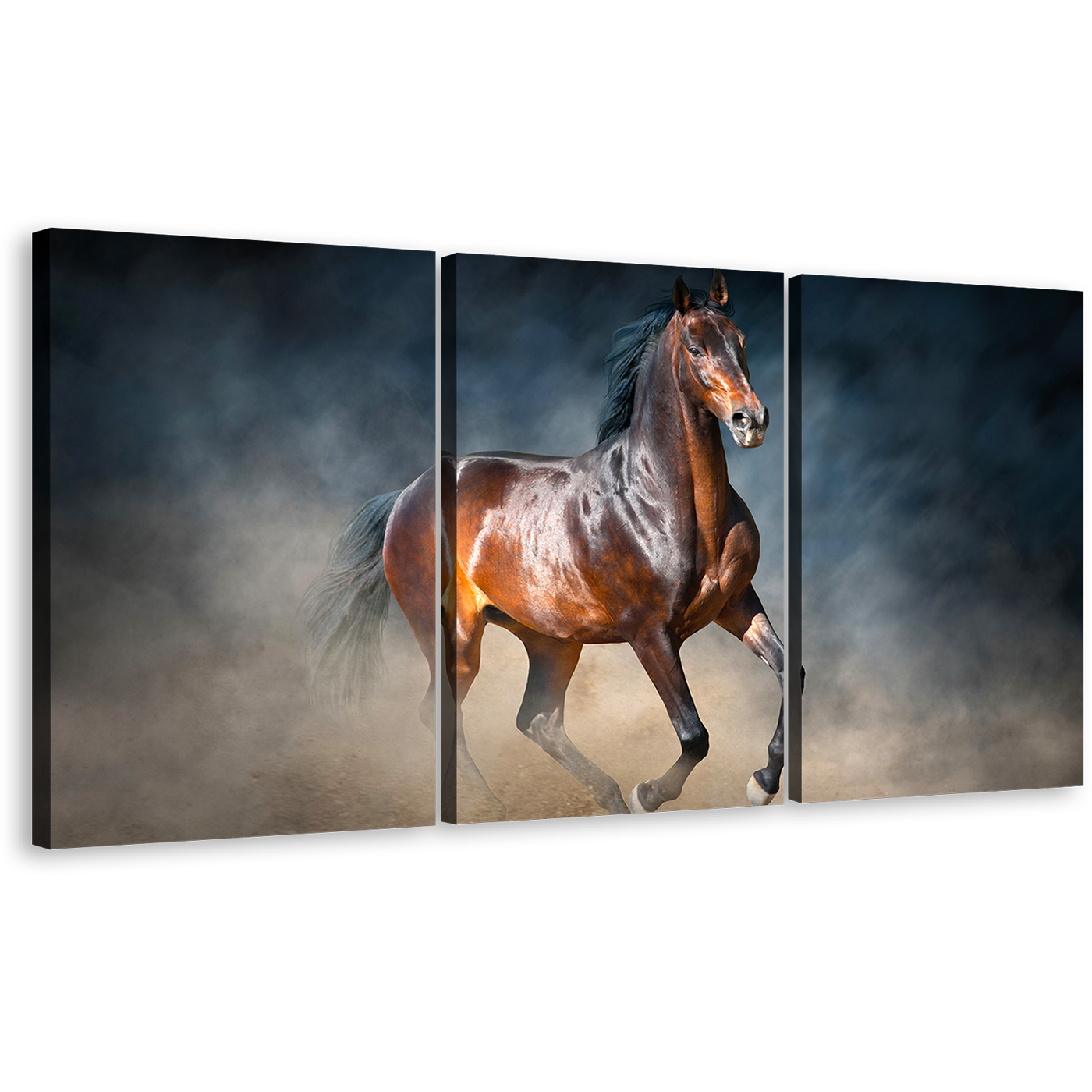 Classic Horse Canvas Wall Art, Chestnut Horse 3 Piece Canvas Print, Black Brown Horse Running Forward Triptych Canvas Set