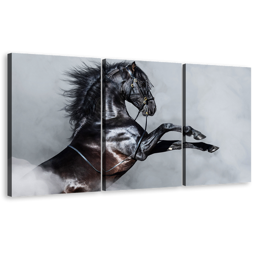 Classic Stallion Canvas Wall Art, Grey Shinny Horse 3 Piece Canvas, Black Horse Side Portrait Canvas Print