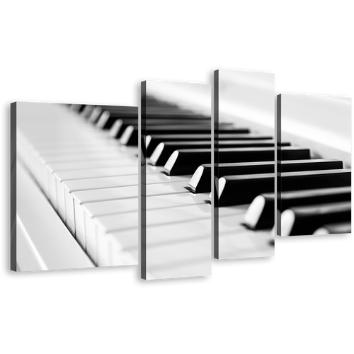 Classical Piano Canvas Wall Art, Isolated Black Piano Keyboard 4 Piece Canvas, Music Harmony Canvas Print, White Music Instrument Multi Canvas