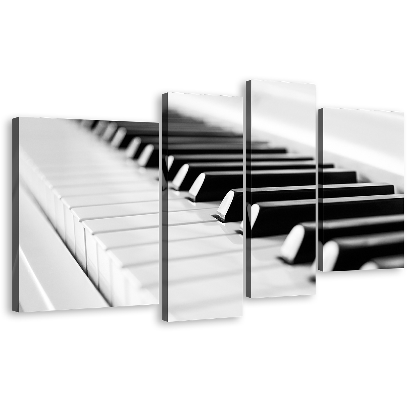 Classical Piano Canvas Wall Art, Isolated Black Piano Keyboard 4 Piece Canvas, Music Harmony Canvas Print, White Music Instrument Multi Canvas