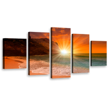 Load image into Gallery viewer, Cleopatra Ocean Wall Art, Orange Sky Ocean Beach Multi Canvas, Turkey Sand Beach Yellow Sunrise 5 Piece Canvas Print
