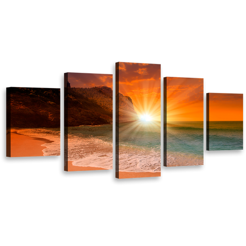 Cleopatra Ocean Wall Art, Orange Sky Ocean Beach Multi Canvas, Turkey Sand Beach Yellow Sunrise 5 Piece Canvas Print