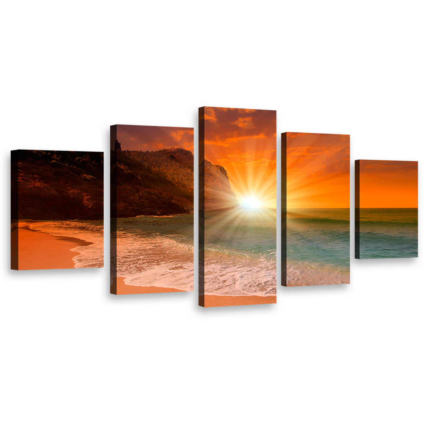 Cleopatra Ocean Wall Art, Orange Sky Ocean Beach Multi Canvas, Turkey Sand Beach Yellow Sunrise 5 Piece Canvas Print