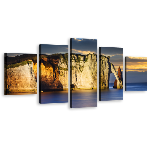 Cliff Beach Canvas Print, Normandy France Yellow Ocean Mountains Canvas Wall Art, Blue Etretat Ocean 5 Piece Multi Canvas, Falaise d'Amont Cliff Canvas Set