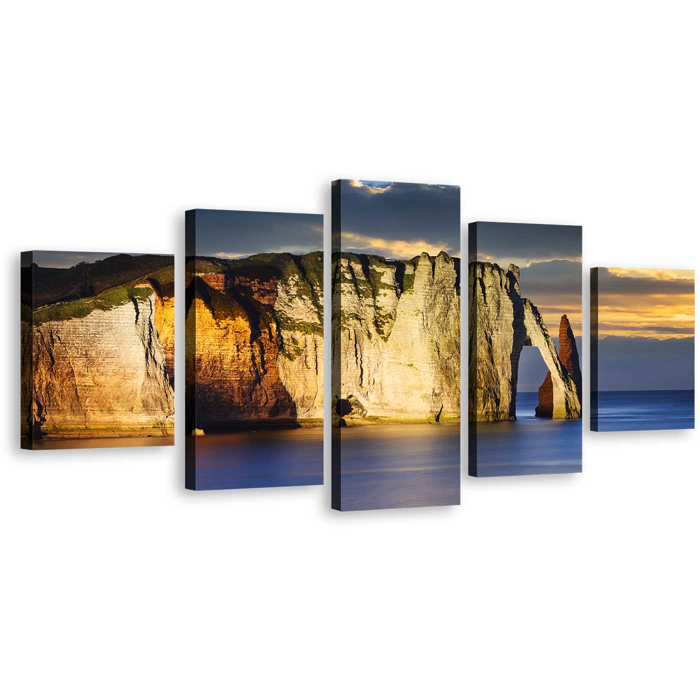 Cliff Beach Canvas Print, Normandy France Yellow Ocean Mountains Canvas Wall Art, Blue Etretat Ocean 5 Piece Multi Canvas, Falaise d'Amont Cliff Canvas Set