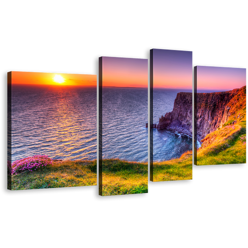 Cliffs of Moher Canvas Print, Orange Ocean Sunset Mountains 4 Piece Wall Art, Blue Ireland Ocean Reflection 4 Piece Multiple Canvas