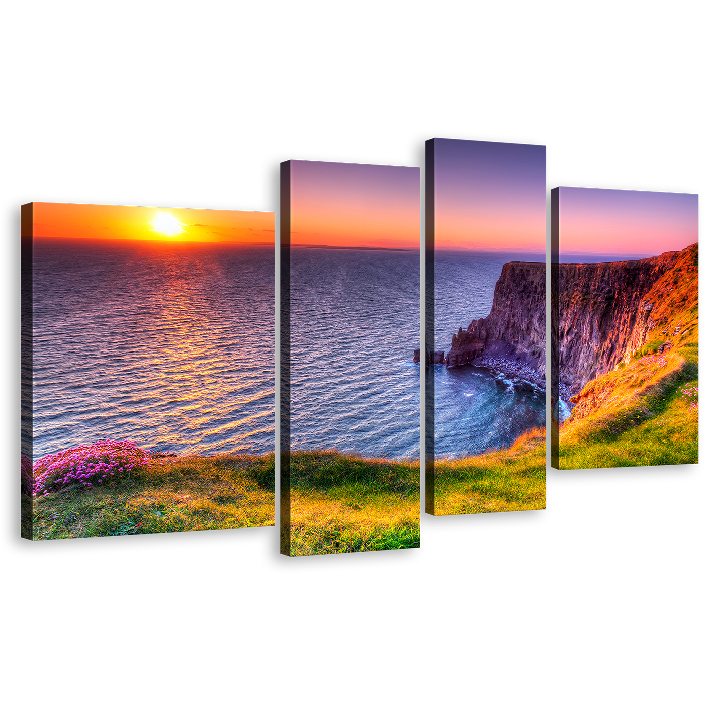 Cliffs of Moher Canvas Print, Orange Ocean Sunset Mountains 4 Piece Wall Art, Blue Ireland Ocean Reflection 4 Piece Multiple Canvas