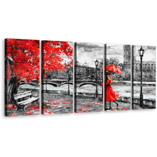 Clock Tower Canvas Print, London Red Tree Umbrella Couple Canvas Set, Black and White Big Ben 5 Piece Canvas Wall Art