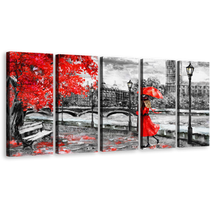 Clock Tower Canvas Print, London Red Tree Umbrella Couple Canvas Set, Black and White Big Ben 5 Piece Canvas Wall Art
