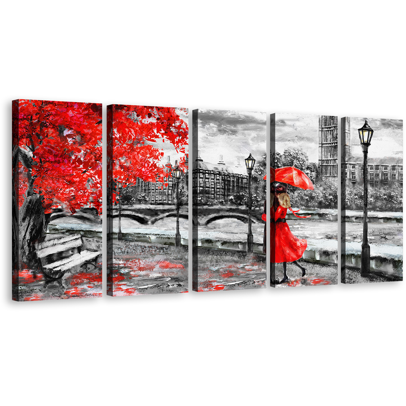 Clock Tower Canvas Print, London Red Tree Umbrella Couple Canvas Set, Black and White Big Ben 5 Piece Canvas Wall Art