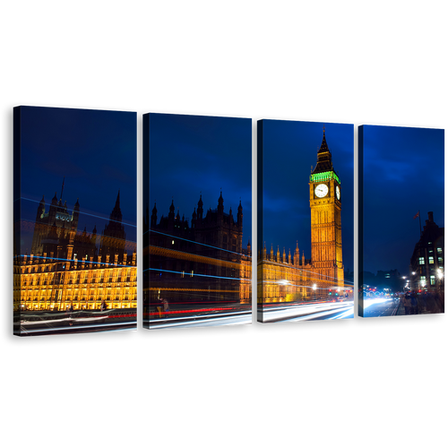 Clock Tower Canvas Print, London Red White Light Trail Canvas Set, England Gold Big Ben 4 Piece Wall Art