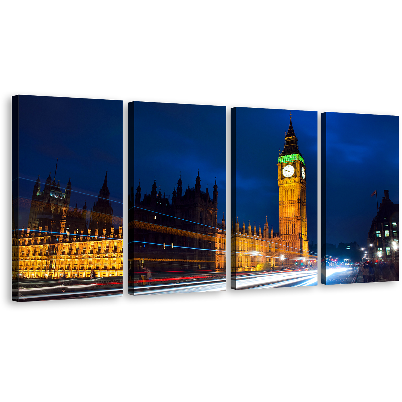 Clock Tower Canvas Print, London Red White Light Trail Canvas Set, England Gold Big Ben 4 Piece Wall Art