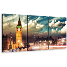 Load image into Gallery viewer, Clock Tower Canvas Wall Art, Gold Big Ben 3 Piece Multi Canvas, London City Red Light Trail Canvas Print
