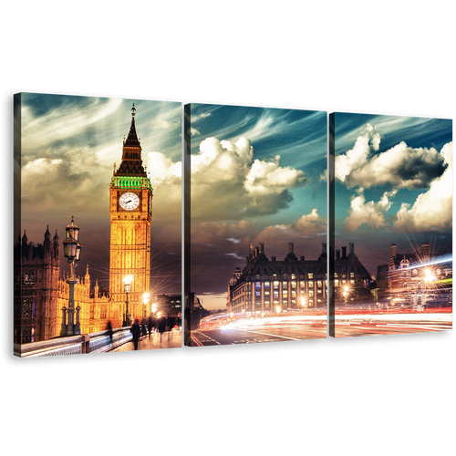 Clock Tower Canvas Wall Art, Gold Big Ben 3 Piece Multi Canvas, London City Red Light Trail Canvas Print