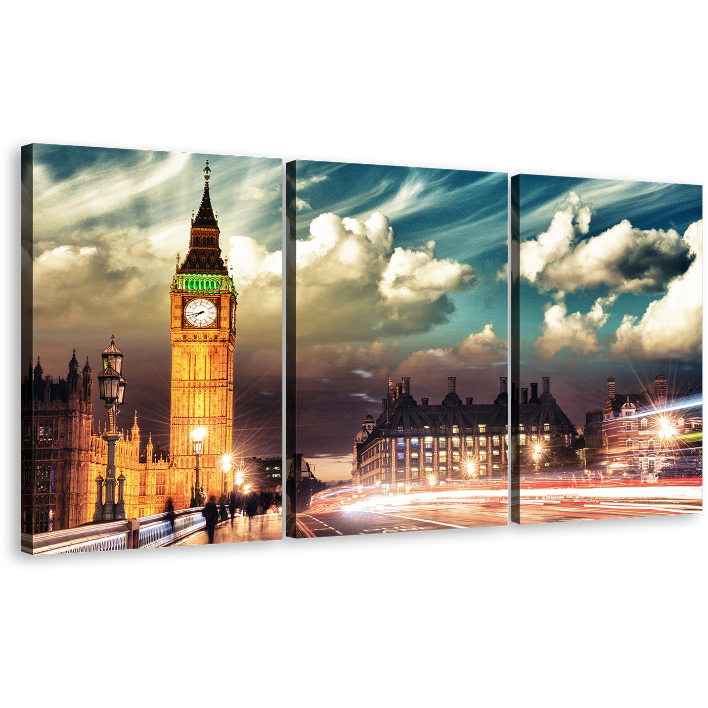 Clock Tower Canvas Wall Art, Gold Big Ben 3 Piece Multi Canvas, London City Red Light Trail Canvas Print