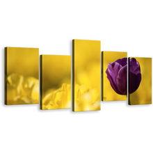 Load image into Gallery viewer, Closed Tulip Canvas Print, Purple Tulip Flower Close Up Canvas Set, Yellow Fields Background 5 Piece Canvas Wall Art
