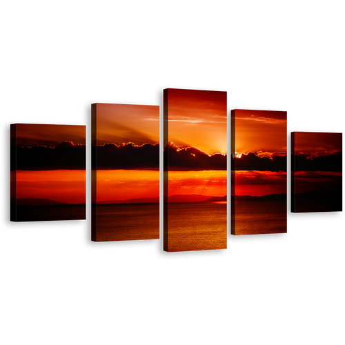 Clouds Sea Canvas Print, Cloudy Red Ocean Sky Multiple Canvas, Orange Sea Sunset Behind Clouds 5 Piece Canvas Wall Art