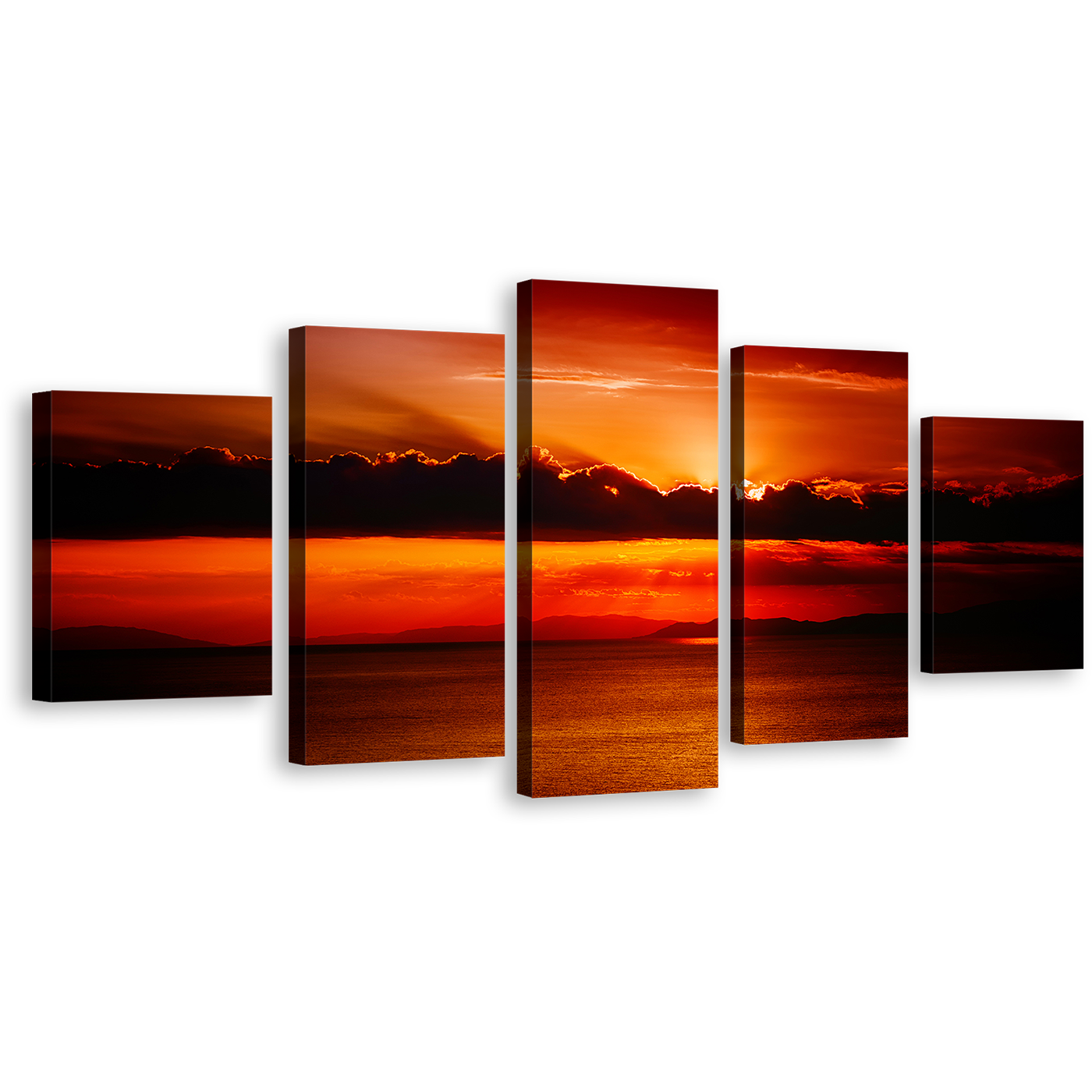 Clouds Sea Canvas Print, Cloudy Red Ocean Sky Multiple Canvas, Orange Sea Sunset Behind Clouds 5 Piece Canvas Wall Art